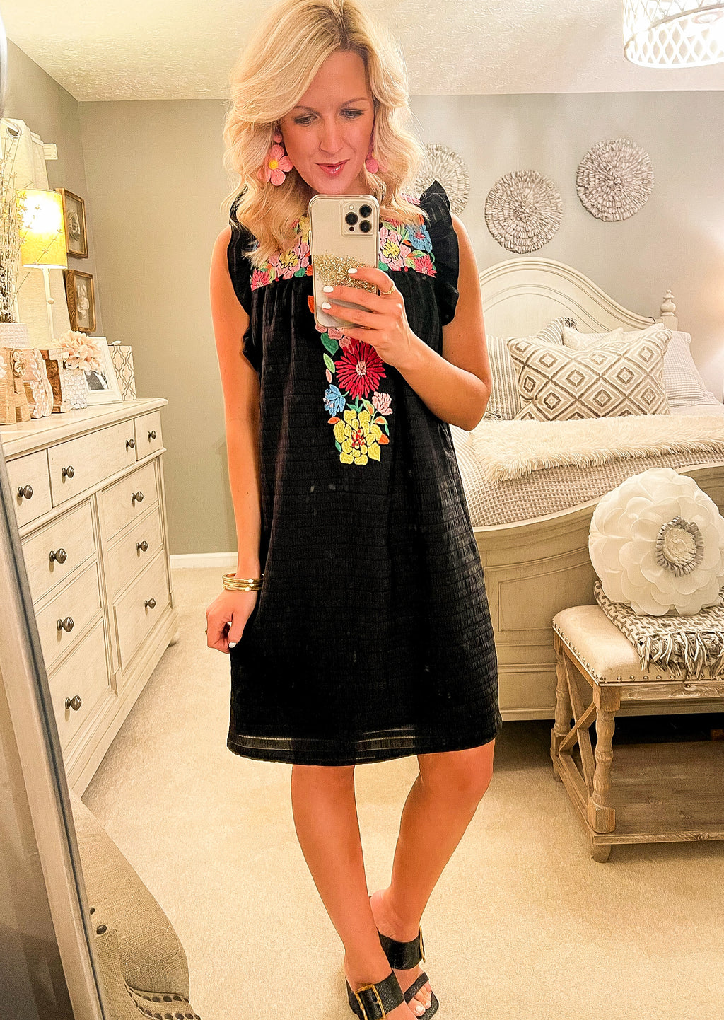 Black Flutter Sleeve THML Dress with Embroidered Details