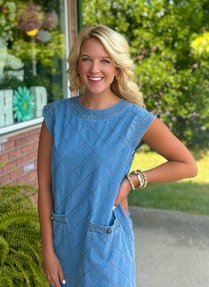 Denim Quilted Dress with Pocket Details