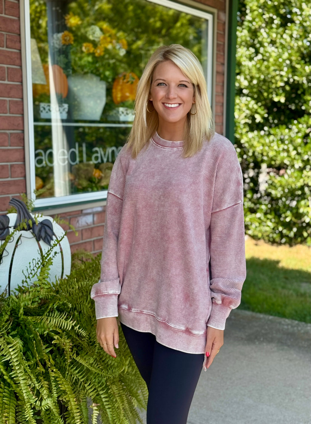 Acid Wash Rose Ribbed Hi Low Pullover Tunic Top