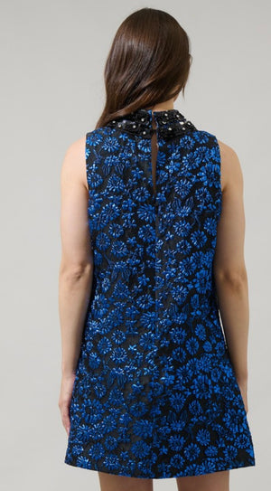 Jacquard Blue Floral Dress with Embellished Neckline