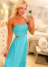 Turquoise Scalloped Linen Midi Dress with Open Back