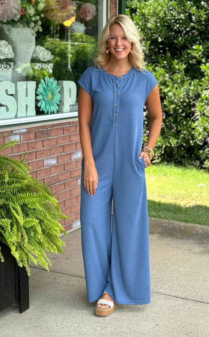 Denim Blue Waffle Knit Wide Leg Jumpsuit