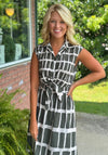 Abstract Print Sleeveless Midi Dress with Tie Waist Detail