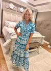 Turquoise Printed Woven Dress with Ruffle Details