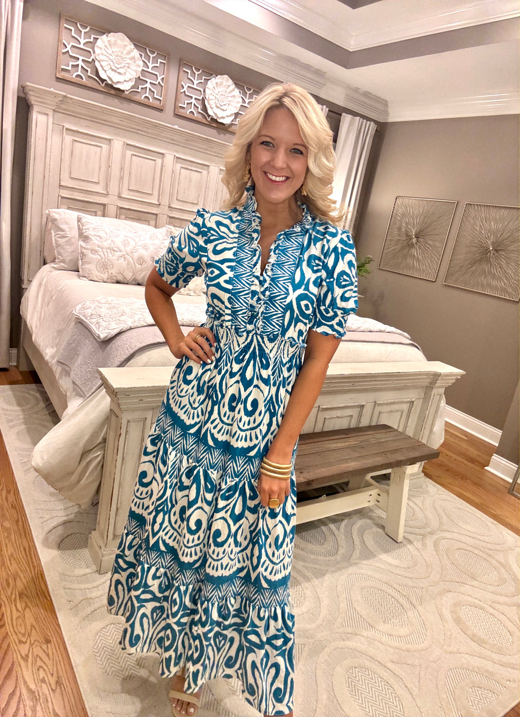 Turquoise Printed Woven Dress with Ruffle Details