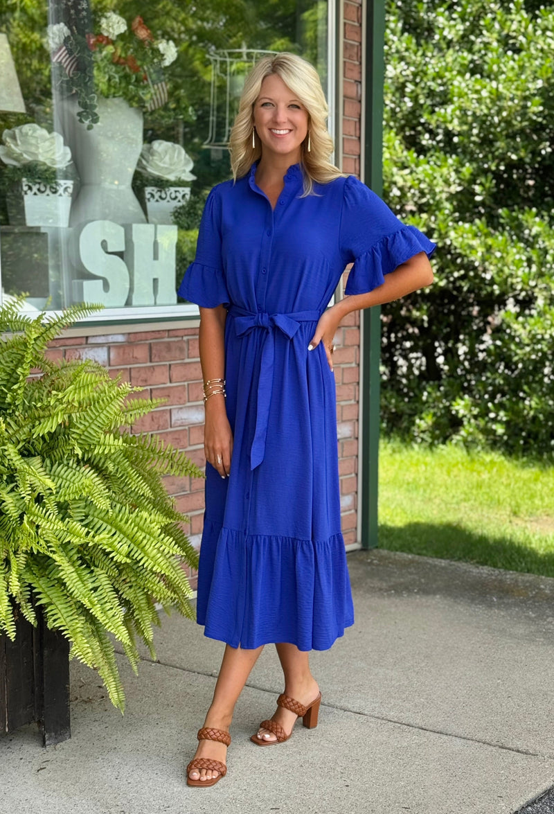 Royal Blue midi Dress with Waist Tie Detail - Main Image