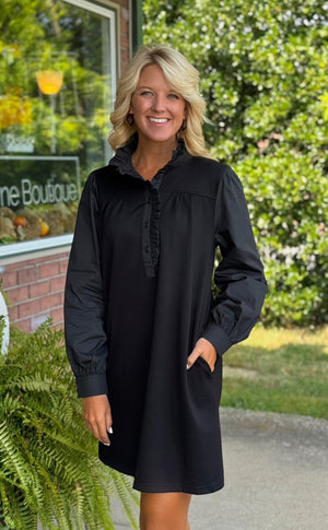 Black Mix Media Dress with Ruffle Collar Detail