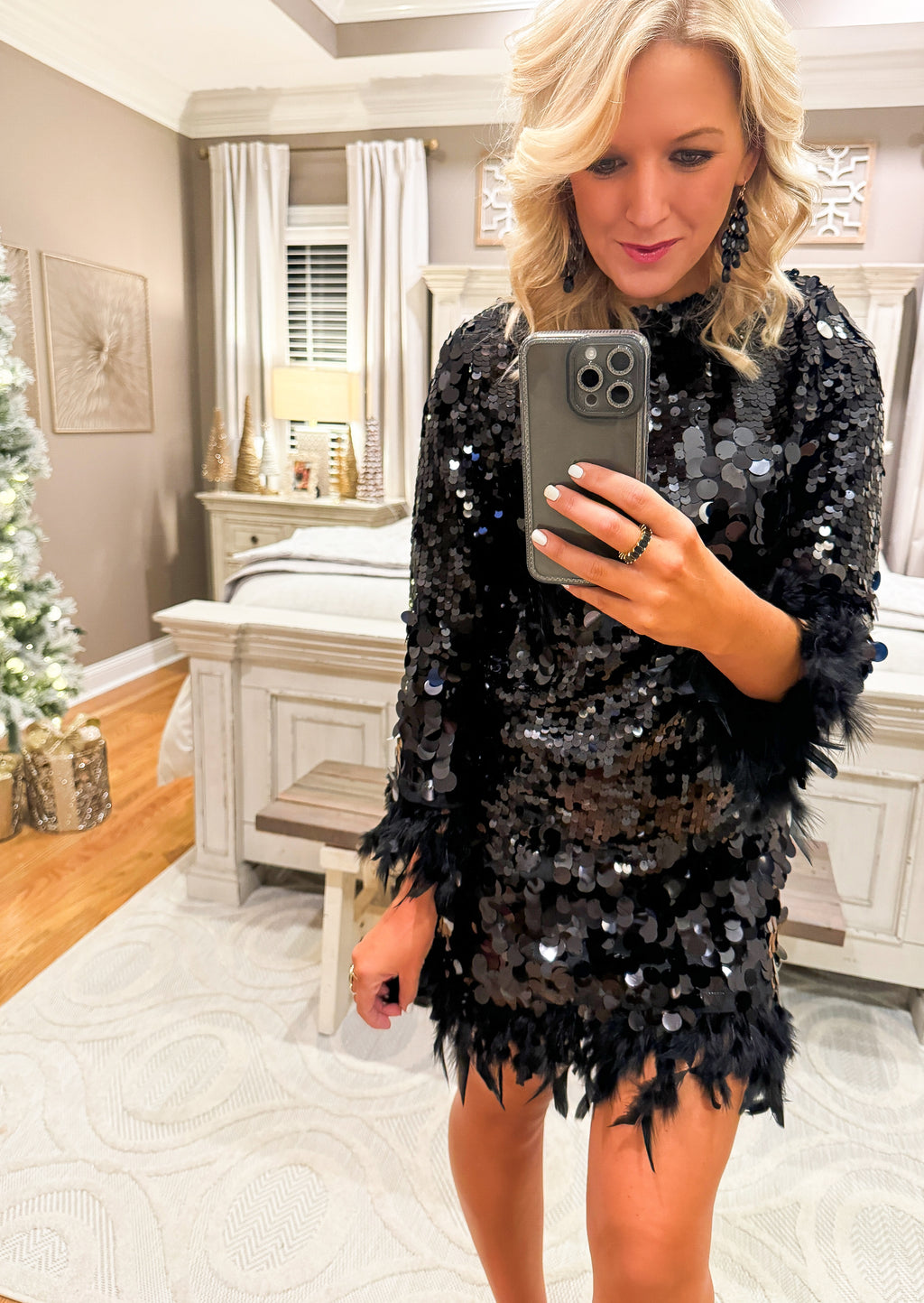 Black Sequin Feather Dress