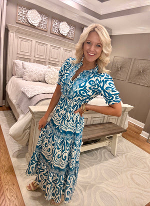 Turquoise Printed Woven Dress with Ruffle Details