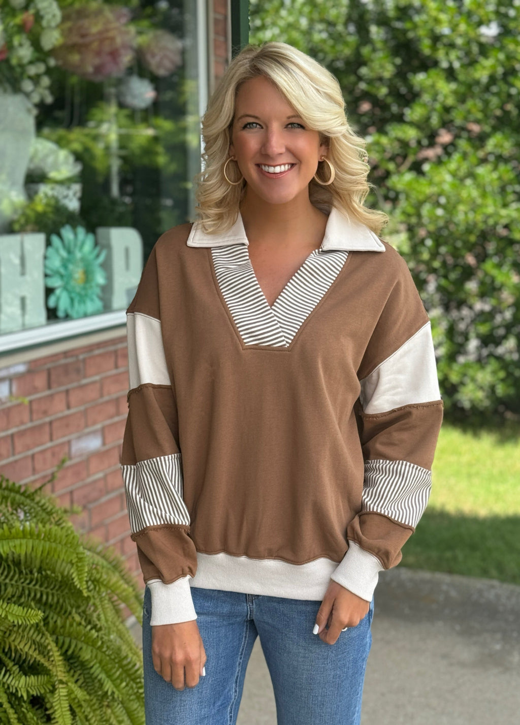 Mocha Color Block Mix Media Top