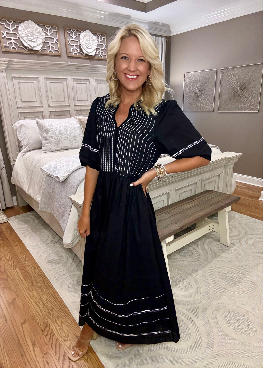 Black Midi Dress with White Embroidery Details