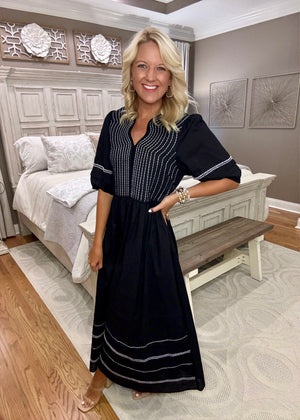 Black Midi Dress with White Embroidery Details