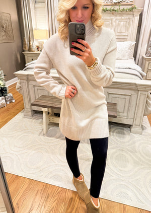 Sand Beige Mock Neck Sweater Dress