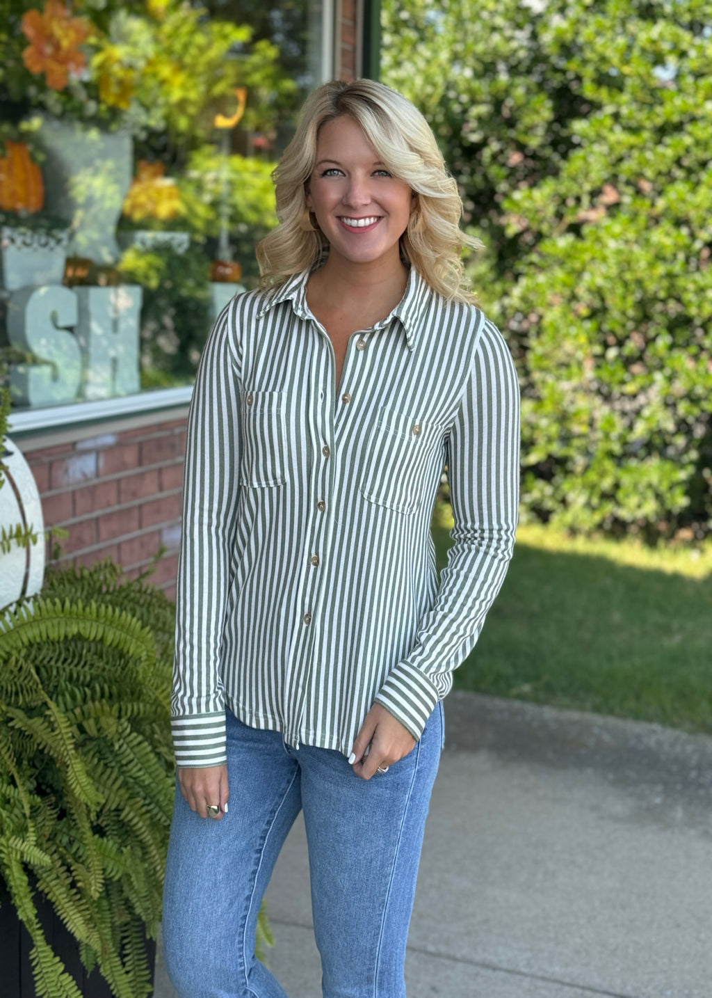 Olive Stripe Button Down Top