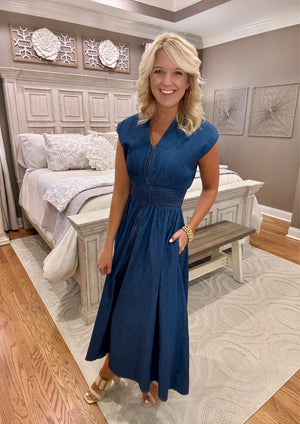 Denim Smocked Waist Dress with Zipper Detail