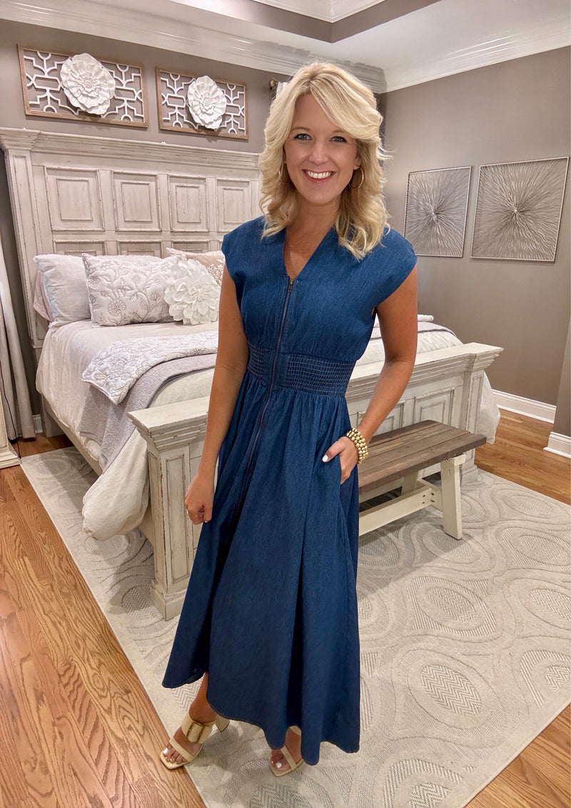 Denim Smocked Waist Dress with Zipper Detail