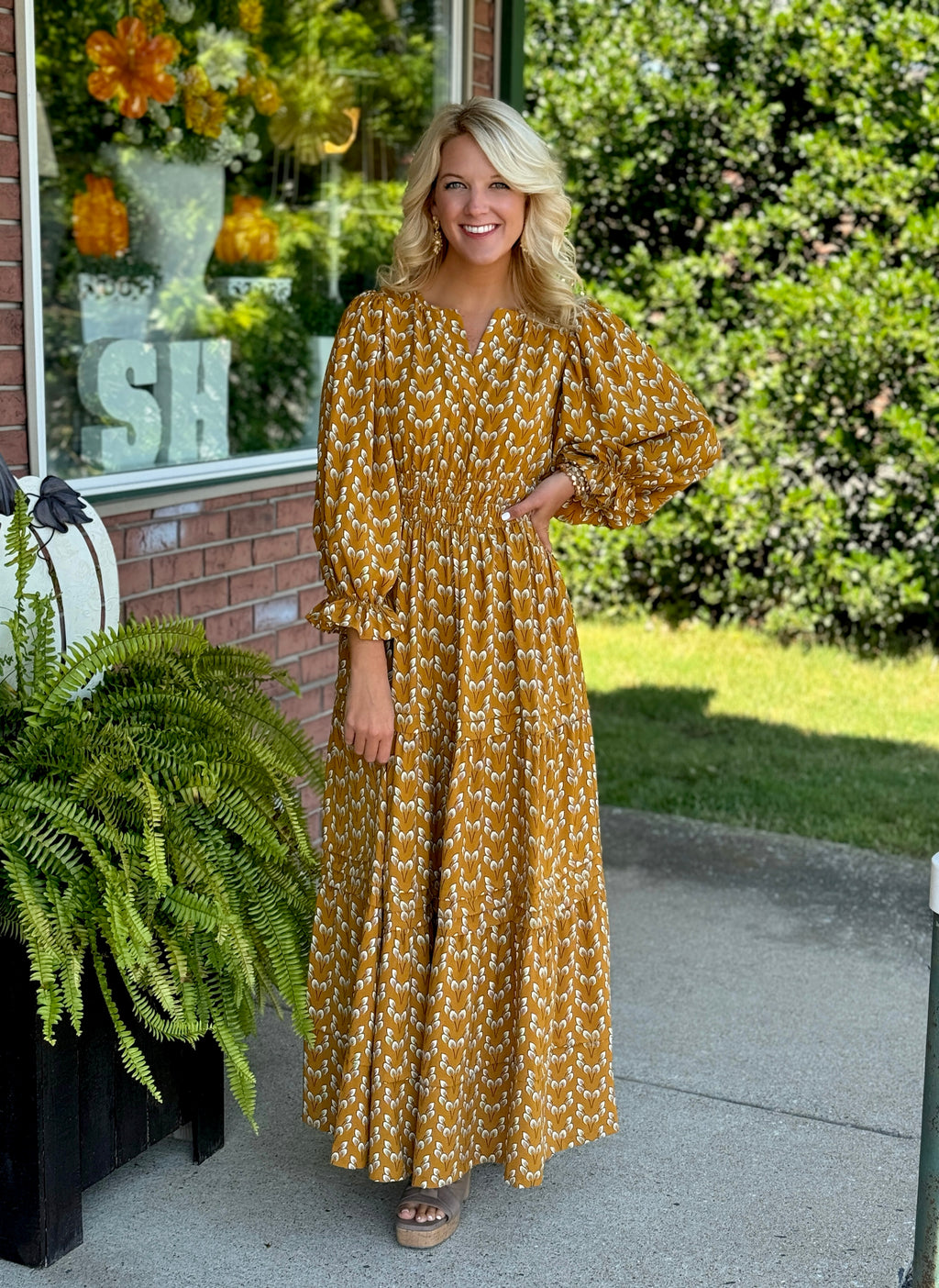 Mustard Printed Midi Dress