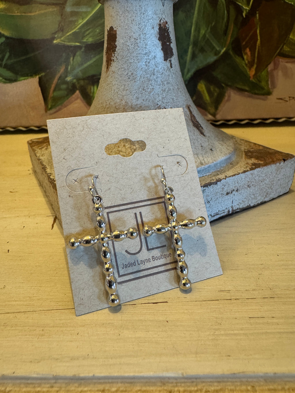 Silver Beaded Cross Earrings