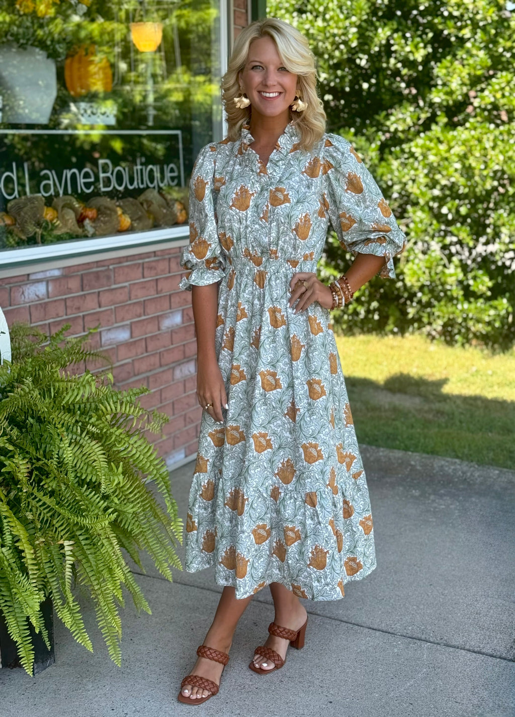 Sage Green Floral Printed Midi Dress with Ruffle Neckline & Smock Waist