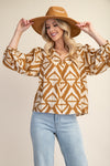 Geo Print Top with Puff Sleeves