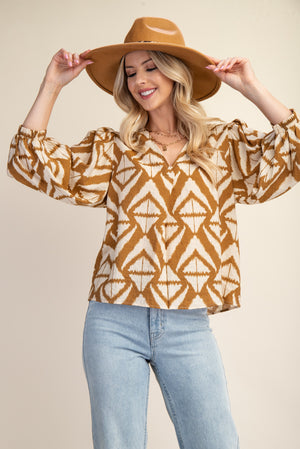 Geo Print Top with Puff Sleeves