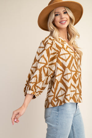 Geo Print Top with Puff Sleeves