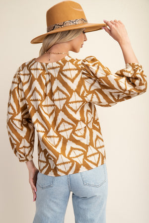 Geo Print Top with Puff Sleeves