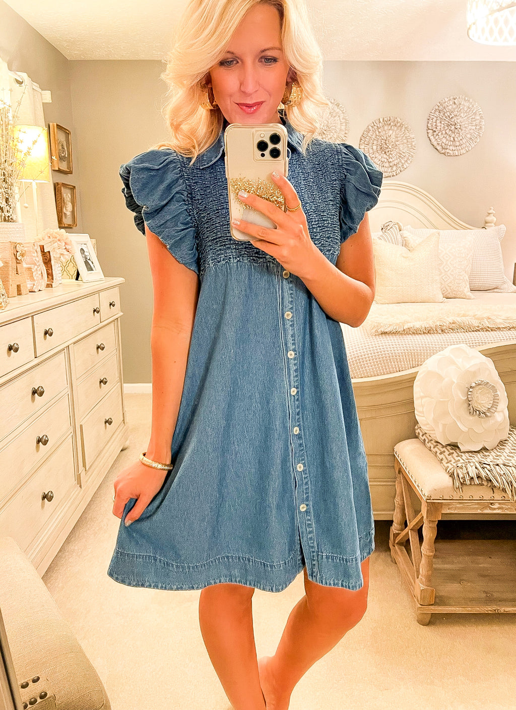 Denim Button Down Smocked Dress with Ruffle Sleeves