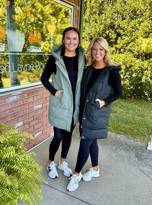 Olive Long Puffer Vest with Hood