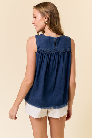 Chambray Tank with Fringe Detail