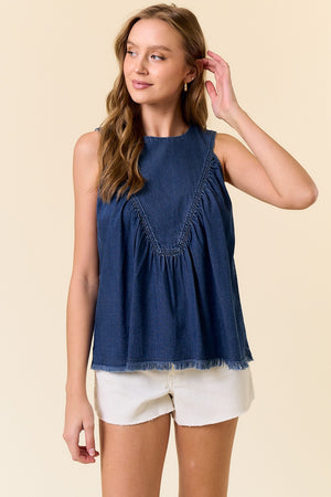 Chambray Tank with Fringe Detail