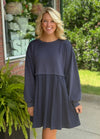 Navy French Terry Pleated Mix Media Dress