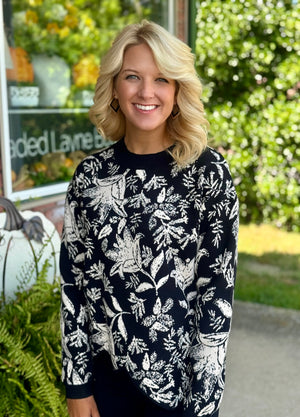 Black Floral Printed Sweater with Jacquard Hemline Detail