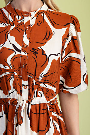 Floral Print Midi Dress with Puff Sleeve Detail