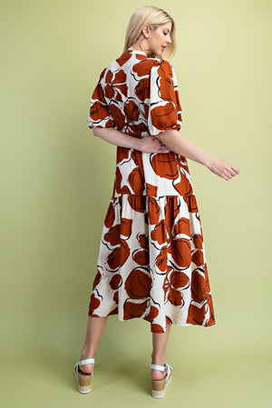 Floral Print Midi Dress with Puff Sleeve Detail