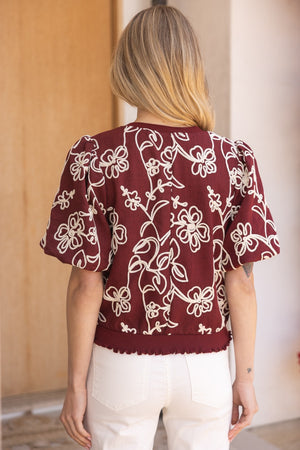 Burgundy Floral Embroidered Top