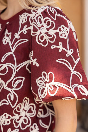 Burgundy Floral Embroidered Top