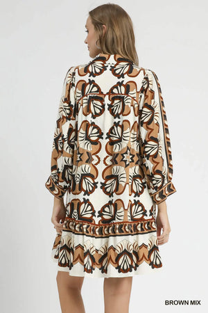 Brown Printed Border Detailed Dress