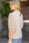 Taupe Cheetah Top with Lace Detail Puff Sleeve
