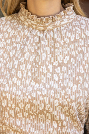 Taupe Cheetah Top with Lace Detail Puff Sleeve