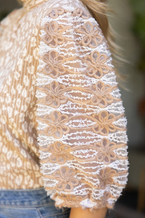 Taupe Cheetah Top with Lace Detail Puff Sleeve