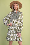 Olive Printed Dress with Smock Neckline Detail