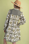 Olive Printed Dress with Smock Neckline Detail