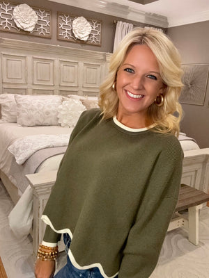 Olive Sweater with Scallop & Contrast Details