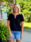 Black Waffle Vneck Top with Cuff Sleeve