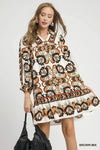 Brown Printed Border Detailed Dress