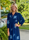 Navy Midi Dress with Blue Flower Embroidery Detail