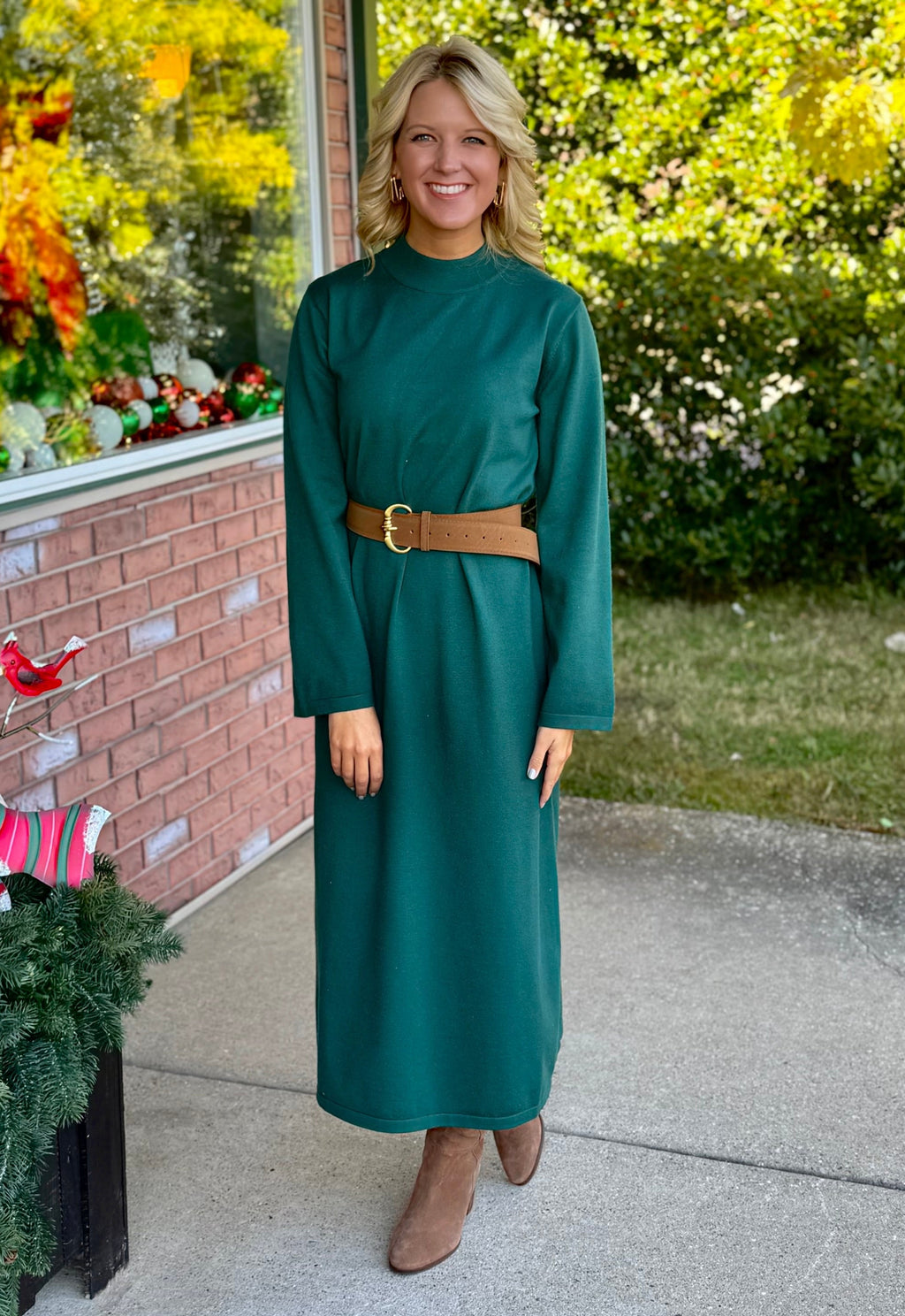 Emerald Green Mock Neck Midi Dress