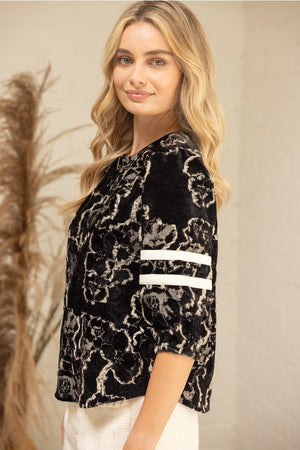 Floral Burn Out Velvet Top with Stripe Sleeve Detail