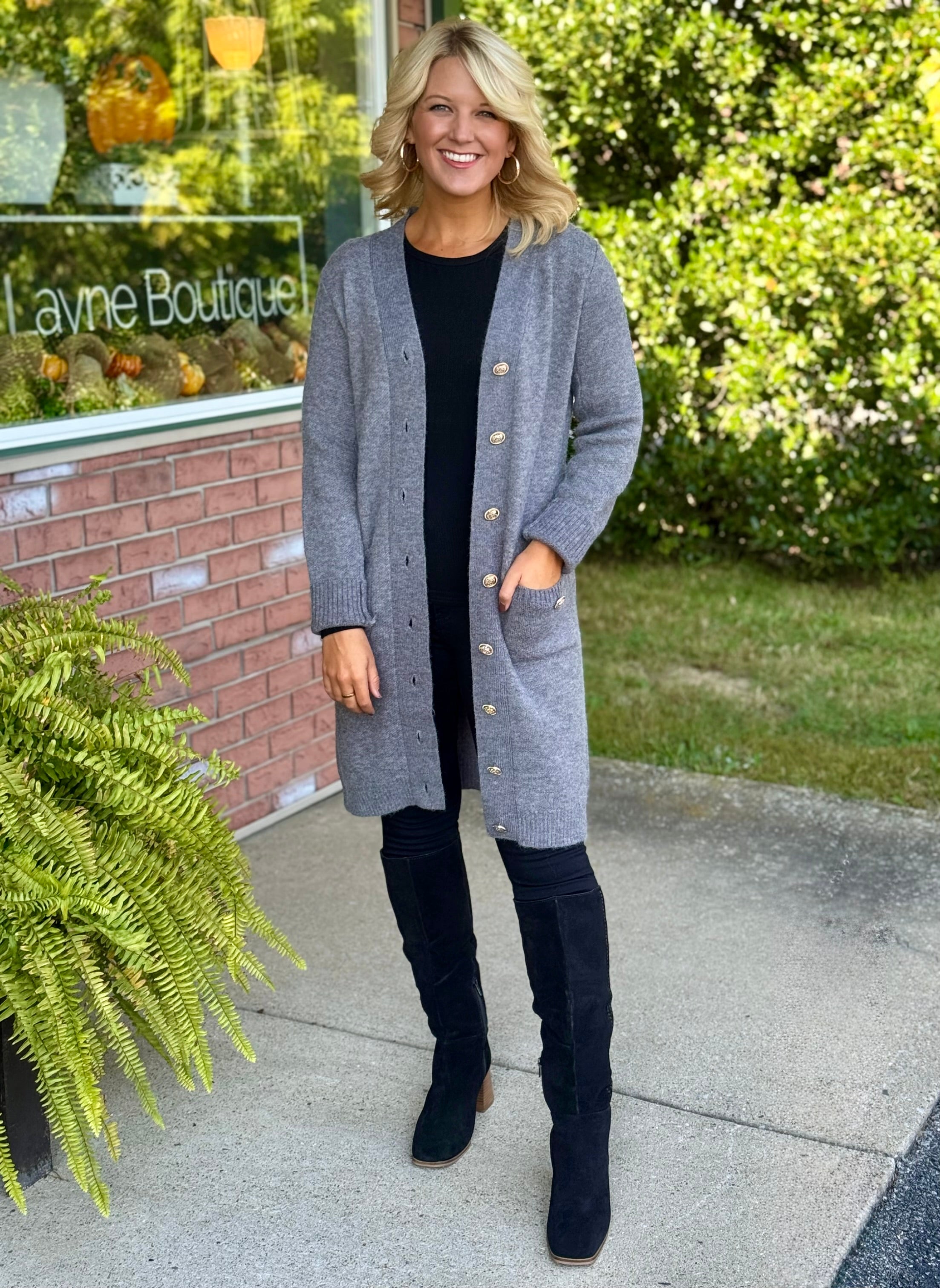 Grey Sweater Dress Cardigan with Gold Button Details Jaded Layne Boutique Grey Sweater Dress Cardigan with Gold Button Details Jaded Layne Boutique